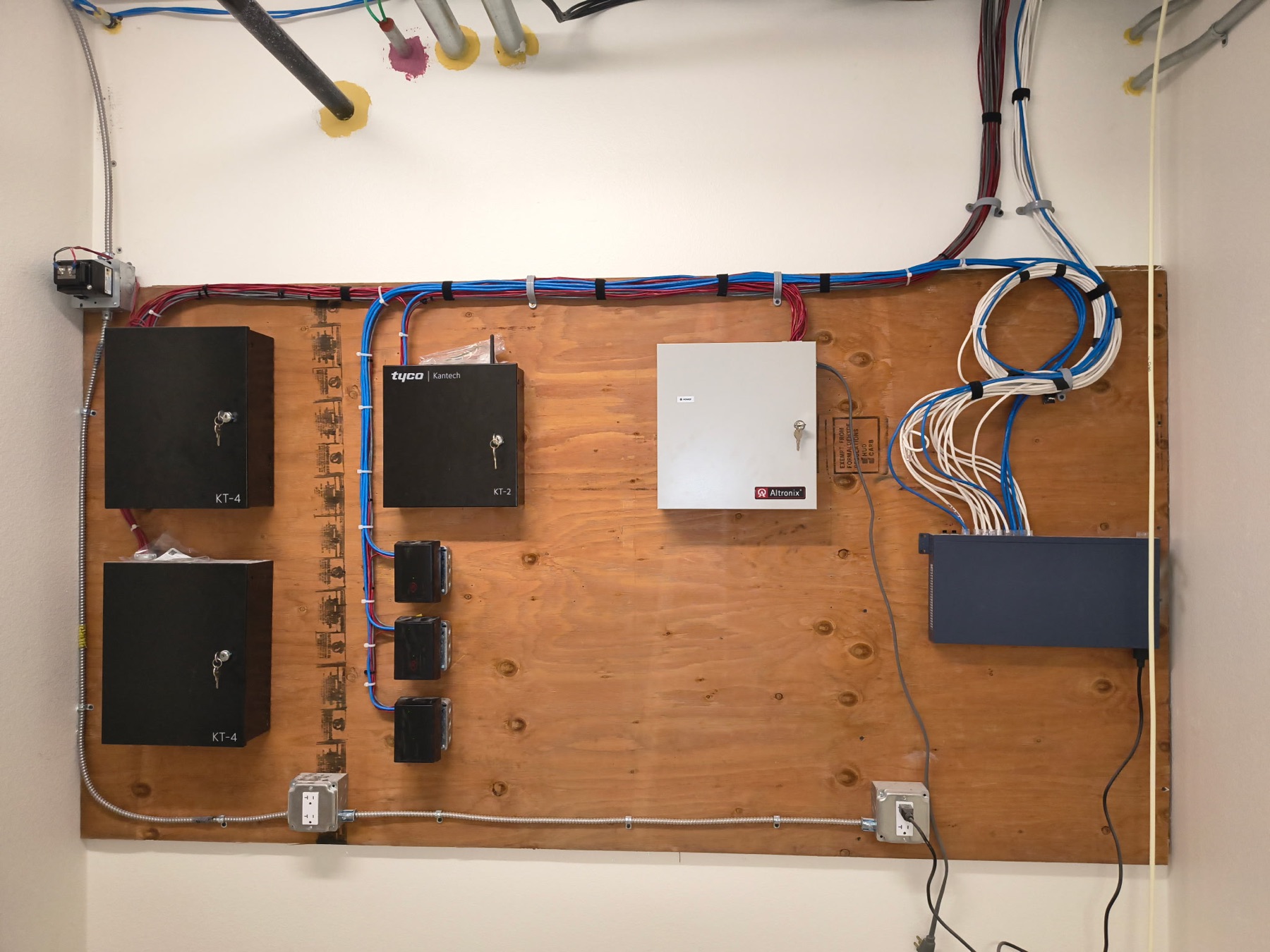 Access control enclosures, power supplies and grouped wiring mounted on a backboard